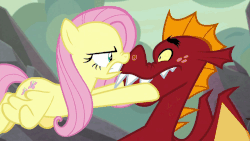 Size: 1000x562 | Tagged: safe, screencap, fluttershy, garble, dragon, pegasus, pony, g4, sweet and smoky, animated, badass, boop, duo, face grab, female, flutterbadass, mare, nose to nose, nose wrinkle, noseboop