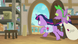 Size: 1920x1080 | Tagged: safe, screencap, spike, twilight sparkle, alicorn, dragon, pony, g4, the point of no return, bag, butt, claws, female, mailbag, male, plot, saddle bag, tail, twibutt, twilight sparkle (alicorn), winged spike, wings
