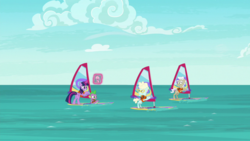 Size: 1920x1080 | Tagged: safe, screencap, geri, spike, twilight sparkle, alicorn, dragon, pony, g4, the point of no return, lifejacket, twilight sparkle (alicorn), water, windsurfing, winged spike, wings