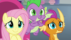 Size: 1920x1080 | Tagged: safe, screencap, fluttershy, smolder, spike, dragon, pony, g4, sweet and smoky, cute, dragoness, female, male, mare, shyabetes, smolderbetes, spikabetes, trio, winged spike, wings