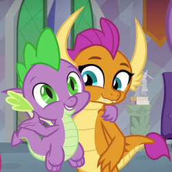 Size: 1004x1006 | Tagged: safe, screencap, smolder, spike, dragon, g4, sweet and smoky, baby, baby dragon, buddies, claws, cropped, cute, dragoness, duo, fangs, female, flying, folded wings, friends, grin, looking sideways, male, side hug, slit pupils, smiling, smolderbetes, spikabetes, spread wings, teacher's lounge, teenaged dragon, teenager, toes, wings