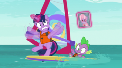 Size: 1920x1080 | Tagged: safe, screencap, spike, twilight sparkle, alicorn, dragon, pony, g4, the point of no return, lifejacket, twilight sparkle (alicorn), water, windsurfing, winged spike, wings