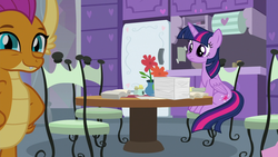 Size: 1920x1080 | Tagged: safe, screencap, smolder, twilight sparkle, alicorn, dragon, pony, g4, sweet and smoky, adorable face, chair, claws, concerned, cute, dragoness, duo, female, flower pot, folded wings, frown, hand on hip, headmare twilight, horns, mare, paper, paperwork, sitting, smolderbetes, teacher's lounge, twilight sparkle (alicorn), wings