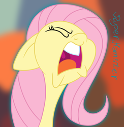 Size: 1400x1433 | Tagged: safe, artist:puperhamster, fluttershy, pony, g4, sweet and smoky, angry, female, mare, scene interpretation, simple background, solo, uvula, volumetric mouth, yelling