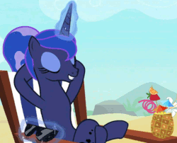 Size: 806x652 | Tagged: safe, edit, edited screencap, screencap, princess luna, alicorn, pony, between dark and dawn, g4, season 9, alternate hairstyle, animated, bare hooves, beach, beach chair, chair, crossed legs, deal with it, drink, eyelashes, eyeliner, eyes closed, female, folded wings, gif, glowing horn, hair bun, hooves behind head, horn, levitation, lidded eyes, luna sunbathing, magic, magic aura, makeup, mare, meme, no shame, open mouth, reaction image, reclining, relaxing, skinny dipping, solo, stupid sexy princess luna, sunbathing, sunglasses, telekinesis, we don't normally wear clothes, wingless, wings