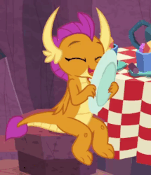Size: 324x376 | Tagged: safe, screencap, smolder, dragon, g4, sweet and smoky, animated, cropped, cute, dish, dragoness, eyes closed, female, gif, licking, plate, smolderbetes, solo, tongue out