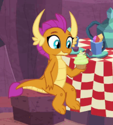 Size: 476x526 | Tagged: safe, screencap, smolder, dragon, g4, sweet and smoky, animated, cropped, cupcake, cute, dragoness, eating, eyes closed, female, food, gemstones, gif, looking up, sitting, smolderbetes, solo, table, teapot, throw, throwing