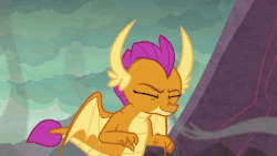 Size: 700x394 | Tagged: safe, screencap, smolder, dragon, g4, sweet and smoky, animated, claws, dragon lands, dragoness, faic, fangs, female, gif, home, home sweet home!, horns, nostalgia, out of context, raised eyebrow, sigh, smoke, solo, spread wings, sulfur, teenaged dragon, teenager, wings