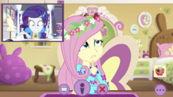Size: 1334x750 | Tagged: safe, screencap, fluttershy, rarity, equestria girls, festival looks, g4, my little pony equestria girls: better together, alarm clock, beanbag chair, bed, bed mane, bedroom, clock, female, floral head wreath, flower, fluttershy's bedroom, picture-in-picture, webcam