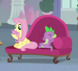 Size: 260x238 | Tagged: safe, screencap, fluttershy, spike, dragon, pegasus, pony, g4, sweet and smoky, couch, cropped, cup, cute, duo, eyes closed, female, male, mare, shyabetes, teacup, winged spike, wings