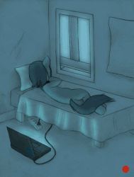 Size: 416x550 | Tagged: safe, artist:lonelycross, marble pie, pony, ask lonely inky, g4, animated, bed, choker, comic, computer, female, laptop computer, lonely, lonely inky, low battery, on side, one-panel comic, plug, poster, recording, tumblr, window