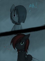 Size: 1280x1761 | Tagged: safe, artist:lonelycross, marble pie, oc, oc:thunder smash, pegasus, pony, ask lonely inky, g4, ..., bipedal, choker, collar, comic, lonely inky, looking at each other, spiked collar, talking, tumblr
