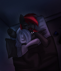 Size: 965x1129 | Tagged: safe, artist:lonelycross, marble pie, oc, oc:thunder smash, pony, ask lonely inky, g4, bed, choker, collar, comic, female, hug, lesbian, lonely inky, night, sleeping, spiked collar, tumblr