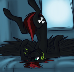 Size: 858x826 | Tagged: safe, artist:lonelycross, oc, oc:thunder smash, pegasus, pony, ask lonely inky, bed, one eye closed, upside down, window