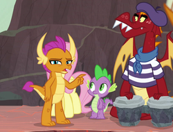 Size: 812x618 | Tagged: safe, screencap, fluttershy, garble, smolder, spike, dragon, pegasus, pony, g4, sweet and smoky, beret, bongos, breaking the fourth wall, brother and sister, clothes, cropped, dragoness, female, hat, looking at you, male, musical instrument, open mouth, shirt, siblings