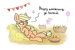 Size: 1280x853 | Tagged: safe, artist:heir-of-rick, applejack, pinkie pie, earth pony, pony, daily apple pony, g4, apple, balloon, basket, candle, dialogue, duo, food, hatless, hay, hidden cane, hopping, implied bright mac, implied pear butter, missing accessory, on back, pear, pie, simple background, white background