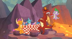 Size: 730x395 | Tagged: safe, screencap, garble, smolder, spike, dragon, g4, sweet and smoky, brother and sister, cupcake, dragoness, eating, female, food, gem, lava, male, rock, siblings, sitting, table, tea party, winged spike, wings