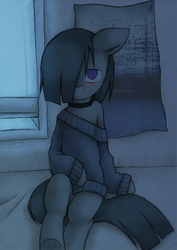 Size: 708x1000 | Tagged: safe, artist:lonelycross, marble pie, earth pony, semi-anthro, ask lonely inky, g4, arm hooves, bed, bedroom, blushing, clothes, female, lonely inky, nine inch nails, poster, sitting, solo, sweater, tumblr, window