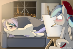 Size: 3372x2264 | Tagged: safe, artist:pencil bolt, oc, oc:artstina, oc:dusty color, earth pony, pegasus, pony, blushing, draw me like one of your french girls, drawing, duo, dustina, female, hat, headband, high res, kitchen, light, male, night, paper, paris, pencil, smiling, sofa bed, window