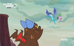 Size: 1218x768 | Tagged: safe, screencap, clump, princess ember, spike, dragon, g4, sweet and smoky, discovery family logo, dragon lord ember, dragoness, female, flying, male, pointing, winged spike, wings