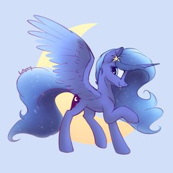Size: 1000x1000 | Tagged: safe, artist:lollipony, princess luna, alicorn, pony, g4, crescent moon, ethereal mane, female, flower, flower in hair, mare, moon, sideview, simple background, solo, spread wings, starry mane, wings