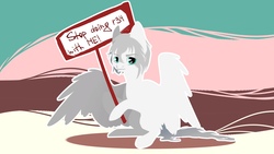 Size: 1920x1080 | Tagged: safe, oc, oc:light knight, pegasus, pony, protest, sign, solo, stop, wavy mouth