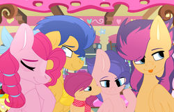 Size: 1280x823 | Tagged: safe, artist:leaderofthelostclan, flash sentry, pinkie pie, oc, oc:cloudy skye, oc:marlo apple, oc:sour belle, earth pony, pegasus, pony, g4, colt, family, female, filly, male, next generation, offspring, parent:flash sentry, parent:pinkie pie, parents:pinkiesentry, pinkiesentry, shipping, straight, tongue out