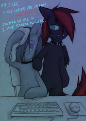 Size: 708x1000 | Tagged: safe, artist:lonelycross, marble pie, oc, oc:thunder smash, pony, ask lonely inky, g4, bipedal, blood, chair, choker, collar, comic, computer mouse, dialogue, keyboard, lonely inky, nosebleed, sitting, spiked collar, talking, tissue, tumblr, wet mane