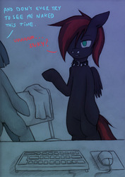 Size: 708x1000 | Tagged: safe, artist:lonelycross, marble pie, oc, oc:thunder smash, pony, ask lonely inky, g4, bipedal, blood, chair, choker, collar, comic, computer mouse, dialogue, keyboard, leaving, lonely inky, nosebleed, spiked collar, talking, tissue, tumblr, walking, we don't normally wear clothes, wet mane