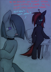 Size: 708x1000 | Tagged: safe, artist:lonelycross, marble pie, oc, oc:thunder smash, pony, ask lonely inky, g4, bipedal, blood, chair, choker, collar, comic, dialogue, keyboard, leaving, lonely inky, nosebleed, peering, spiked collar, talking, tissue, tongue out, tumblr, walking, we don't normally wear clothes, wet mane