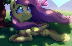 Size: 2200x1414 | Tagged: safe, artist:talimingi, fluttershy, butterfly, pegasus, pony, g4, cute, female, mare, shyabetes, solo
