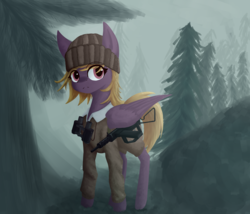 Size: 2800x2400 | Tagged: safe, artist:phi, oc, oc only, pegasus, pony, equestria at war mod, binoculars, clothes, fog, forest, hat, solo, weapon