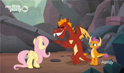 Size: 1298x768 | Tagged: safe, screencap, fluttershy, garble, smolder, dragon, g4, sweet and smoky, discovery family logo, sad