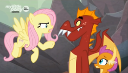 Size: 1328x756 | Tagged: safe, screencap, fluttershy, garble, smolder, dragon, g4, my little pony: friendship is magic, sweet and smoky, discovery family logo