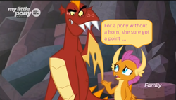 Size: 1328x760 | Tagged: safe, edit, edited screencap, screencap, garble, smolder, dragon, g4, sweet and smoky, brother and sister, dialogue, discovery family logo, female, grammar error, male, siblings, speech bubble