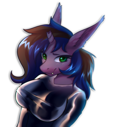 Size: 856x948 | Tagged: safe, artist:ghst-qn, oc, oc:kuro, bat pony, anthro, big breasts, breasts, broken horn, clothes, cute, horn, latex, shirt, simple background, white background