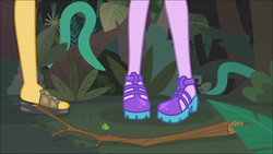 Size: 1280x720 | Tagged: safe, screencap, sci-twi, sunset shimmer, twilight sparkle, equestria girls, equestria girls series, g4, spring breakdown, spoiler:eqg series (season 2), close-up, clothes, feet, legs, pictures of legs, plant, sandals, shoes, slowpoke, stick, tentacles