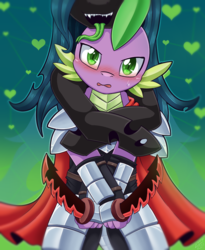 Size: 1000x1220 | Tagged: safe, artist:vavacung, queen chrysalis, spike, changeling, changeling queen, dragon, g4, armor, blushing, cape, clothes, cover art, faceless female, fanfic, fanfic art, fanfic cover, female, implied hemipenis, innuendo, long tongue, male, ship:chryspike, shipping, straight, sword, tongue out, visual innuendo, weapon