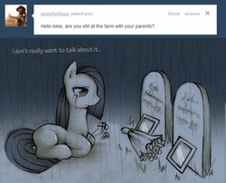 Size: 1280x1034 | Tagged: safe, artist:lonelycross, marble pie, pony, ask lonely inky, g4, ask, bouquet, choker, comic, crying, dead parents, death, dialogue, flower, grave, implied parents, lonely inky, photo, question, rain, sad, talking, tumblr