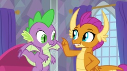 Size: 1920x1080 | Tagged: safe, screencap, smolder, spike, dragon, g4, sweet and smoky, dragoness, duo, female, flying, male, raised finger, winged spike, wings