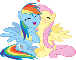 Size: 3463x2751 | Tagged: safe, artist:shutterflyyay, fluttershy, rainbow dash, pegasus, pony, fame and misfortune, g4, blushing, cheek kiss, cute, daaaaaaaaaaaw, dashabetes, duo, duo female, eyes closed, female, floating heart, happy, heart, high res, hug, kissing, lesbian, love, mare, open mouth, ship:flutterdash, shipping, shyabetes, simple background, sitting, smiling, sweet dreams fuel, transparent background, vector, wings