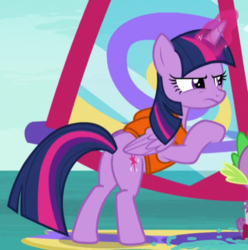 Size: 529x533 | Tagged: safe, screencap, spike, twilight sparkle, alicorn, dragon, pony, g4, the point of no return, butt, cropped, plot, twilight sparkle (alicorn), water, windsurfing, winged spike, wings