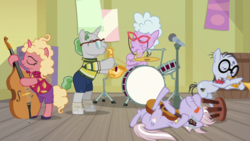 Size: 1920x1080 | Tagged: safe, screencap, chelsea porcelain, dusty pages, mr. waddle, pony, g4, the point of no return, double bass, drums, guitar, microphone, musical instrument, playing instrument, saxophone, trumpet