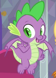 Size: 778x1080 | Tagged: safe, screencap, smolder, spike, dragon, g4, sweet and smoky, claws, cropped, flying, male, offscreen character, smiling, solo, winged spike, wings