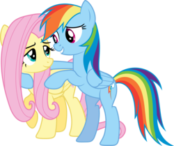Size: 3007x2508 | Tagged: safe, artist:shutterflyyay, fluttershy, rainbow dash, pegasus, pony, bipedal, female, flutterdash, hoof around neck, hug, lesbian, lidded eyes, looking at each other, mare, shipping, simple background, transparent background, vector