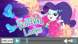 Size: 1336x752 | Tagged: safe, screencap, rarity, equestria girls, festival looks, g4, my little pony equestria girls: better together, boots, feather boa, female, high heels, looking at you, one eye closed, ponytail, shoes, smiling, thumbnail, title card, wink