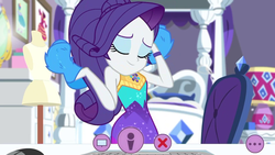 Size: 1336x752 | Tagged: safe, screencap, rarity, equestria girls, festival looks, g4, my little pony equestria girls: better together, bed, chair, clothes, computer mouse, dress, eyes closed, female, keyboard, lamp, mannequin, mirror, ponytail, rarity's bedroom, solo, webcam