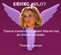 Size: 851x765 | Tagged: safe, edit, edited screencap, screencap, twilight sparkle, alicorn, original species, pony, human head pony, g4, my little pony: the movie, alternate avengers endgame endings, avengers: endgame, brie larson, carol danvers, cropped, female, marvel, meme, politics in the comments, pun, solo, thanks m.a. larson, twilight sparkle (alicorn)