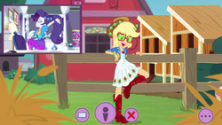 Size: 1336x752 | Tagged: safe, artist:rambamboooff, screencap, applejack, rarity, equestria girls, festival looks, g4, my little pony equestria girls: better together, applejack's sunglasses, boots, bracelet, clothes, cowboy boots, cowboy hat, dress, farm, hat, jacket, jewelry, magical geodes, ponytail, rarity's bedroom, shoes, stetson, sunglasses, webcam