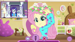 Size: 1336x752 | Tagged: safe, screencap, fluttershy, rarity, equestria girls, festival looks, g4, my little pony equestria girls: better together, beanbag chair, bed, clothes, cute, dress, dresser, female, floral head wreath, flower, fluttershy's bedroom, lamp, rarity's bedroom, shyabetes, webcam, wreath